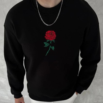 ERKEK 3 iplik Pamuklu Bisiklet Yaka Ön Ve Arka Baskılı SweatShirt - Siyah