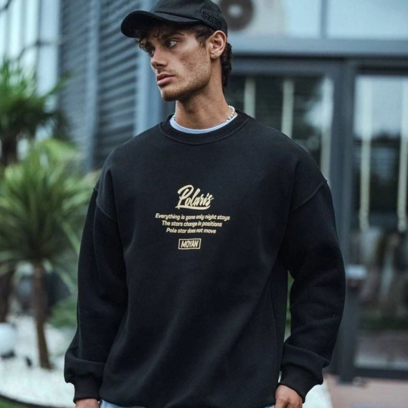 Erkek 3 iplik pamuklu Bisiklet Yaka Ön Ve Arka Baskılı SweatShirt - Siyah