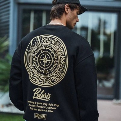 Erkek 3 iplik pamuklu Bisiklet Yaka Ön Ve Arka Baskılı SweatShirt - Siyah