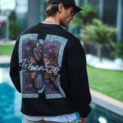 Erkek 3 iplik pamuklu Bisiklet Yaka Ön ve Arka Baskılı SweatShirt - Siyah