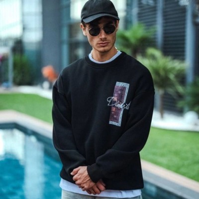 Erkek 3 iplik pamuklu Bisiklet Yaka Ön ve Arka Baskılı SweatShirt - Siyah