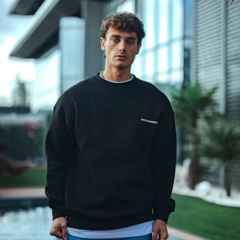 Erkek 3 iplik Pamuklu Bisiklet Yaka Oversize Baskılı SweatShirt - Siyah