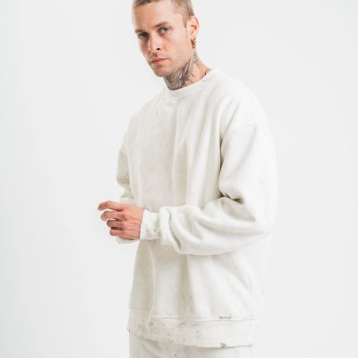 ERKEK 3 İplik Pamuklu Bisiklet Yaka Yıkamalı SweatShirt - Beyaz