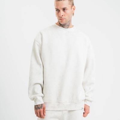 ERKEK 3 İplik Pamuklu Bisiklet Yaka Yıkamalı SweatShirt - Beyaz