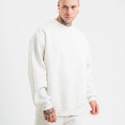 ERKEK 3 İplik Pamuklu Bisiklet Yaka Yıkamalı SweatShirt - Beyaz