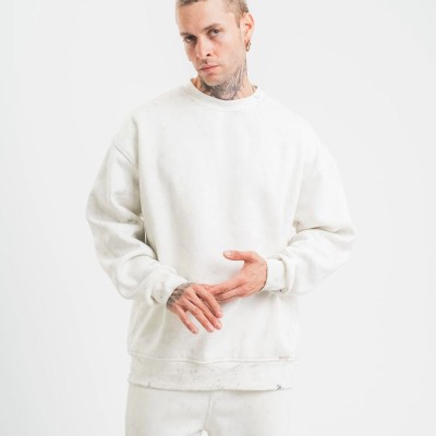 ERKEK 3 İplik Pamuklu Bisiklet Yaka Yıkamalı SweatShirt - Beyaz