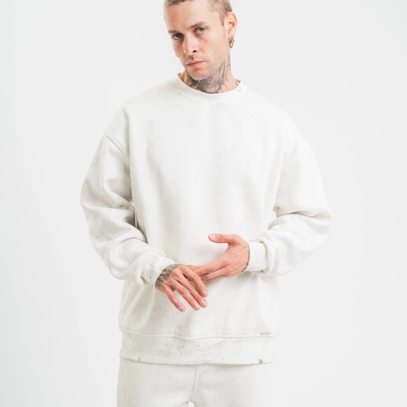 ERKEK 3 İplik Pamuklu Bisiklet Yaka Yıkamalı SweatShirt - Beyaz