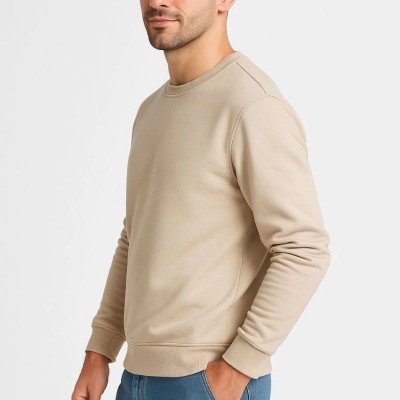 Erkek 3 İplik Pamuklu Düz Bisiklet Yaka SweatShirt - Bej