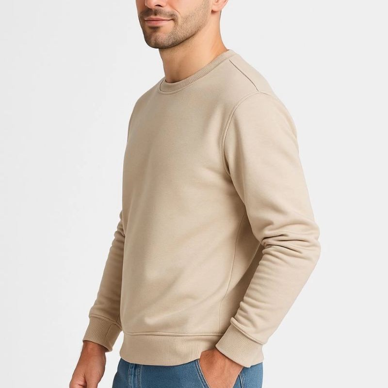Erkek 3 İplik Pamuklu Düz Bisiklet Yaka SweatShirt - Bej