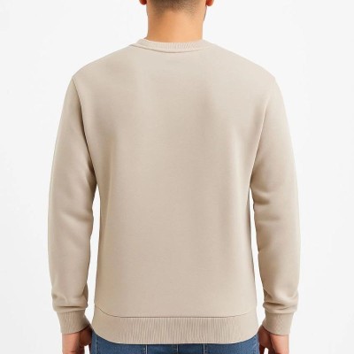 Erkek 3 İplik Pamuklu Düz Bisiklet Yaka SweatShirt - Bej