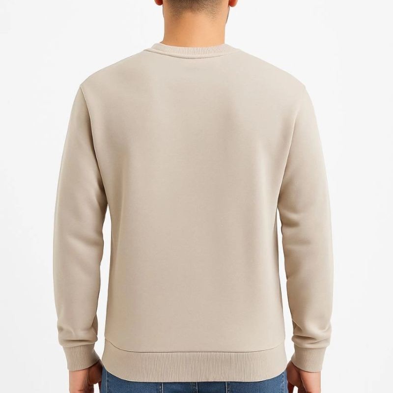 Erkek 3 İplik Pamuklu Düz Bisiklet Yaka SweatShirt - Bej
