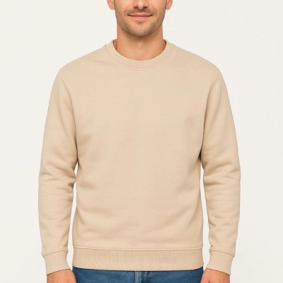 Erkek 3 İplik Pamuklu Düz Bisiklet Yaka SweatShirt - Bej