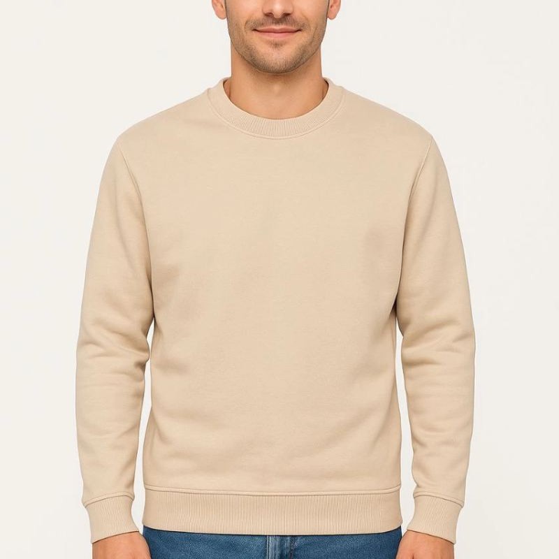 Erkek 3 İplik Pamuklu Düz Bisiklet Yaka SweatShirt - Bej