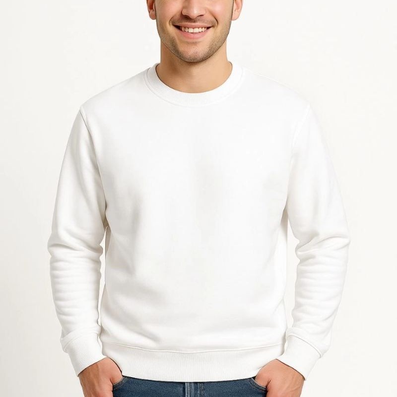 Erkek 3 İplik Pamuklu Düz Bisiklet Yaka SweatShirt - Beyaz