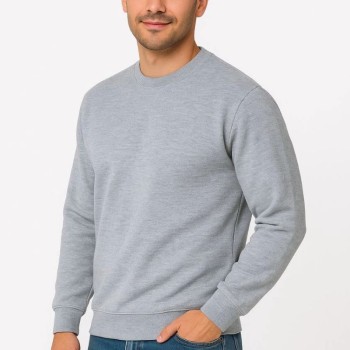 Erkek 3 İplik Pamuklu Düz Bisiklet Yaka SweatShirt - Gri