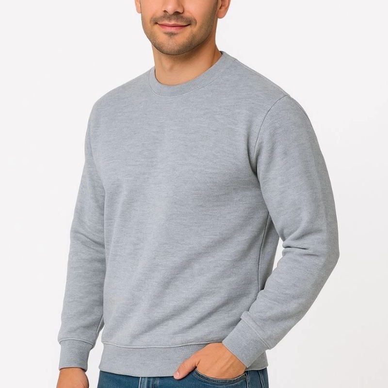 Erkek 3 İplik Pamuklu Düz Bisiklet Yaka SweatShirt - Gri