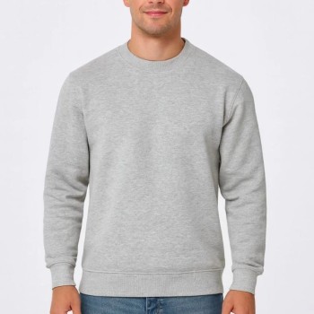 Erkek 3 İplik Pamuklu Düz Bisiklet Yaka SweatShirt - Gri