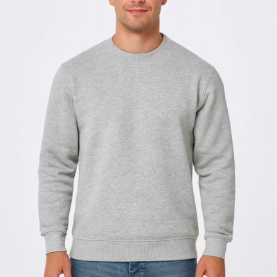 Erkek 3 İplik Pamuklu Düz Bisiklet Yaka SweatShirt - Gri