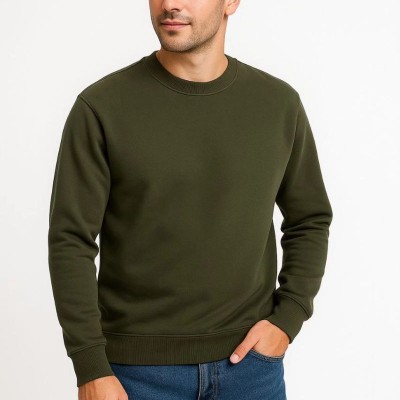Erkek 3 İplik Pamuklu Düz Bisiklet Yaka SweatShirt - Haki