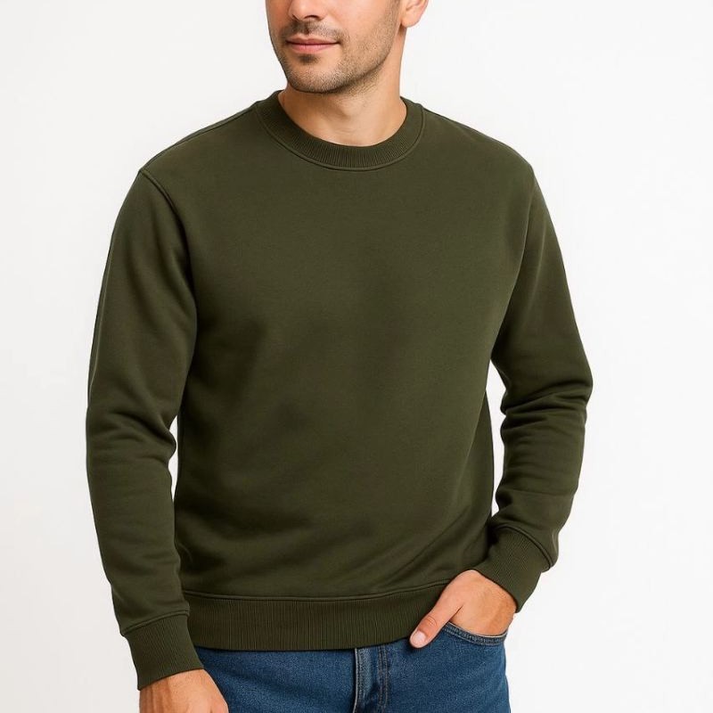 Erkek 3 İplik Pamuklu Düz Bisiklet Yaka SweatShirt - Haki