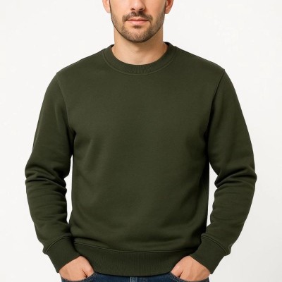 Erkek 3 İplik Pamuklu Düz Bisiklet Yaka SweatShirt - Haki