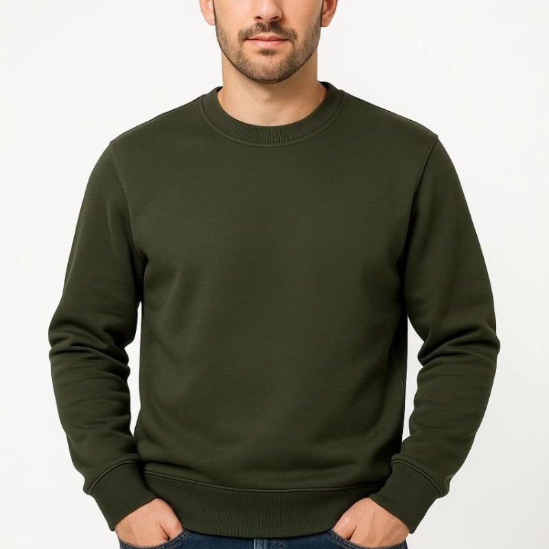 Erkek 3 İplik Pamuklu Düz Bisiklet Yaka SweatShirt - Haki