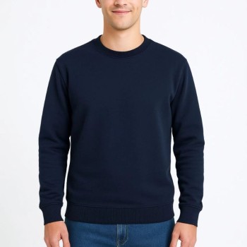 Erkek 3 İplik Pamuklu Düz Bisiklet Yaka SweatShirt - Lacivert