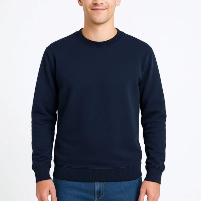Erkek 3 İplik Pamuklu Düz Bisiklet Yaka SweatShirt - Lacivert
