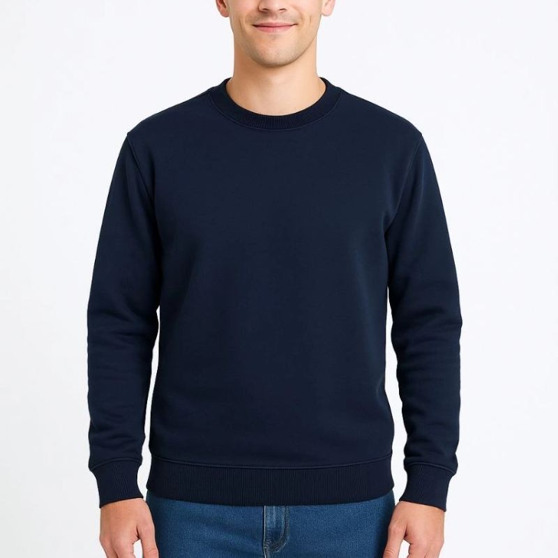 Erkek 3 İplik Pamuklu Düz Bisiklet Yaka SweatShirt - Lacivert