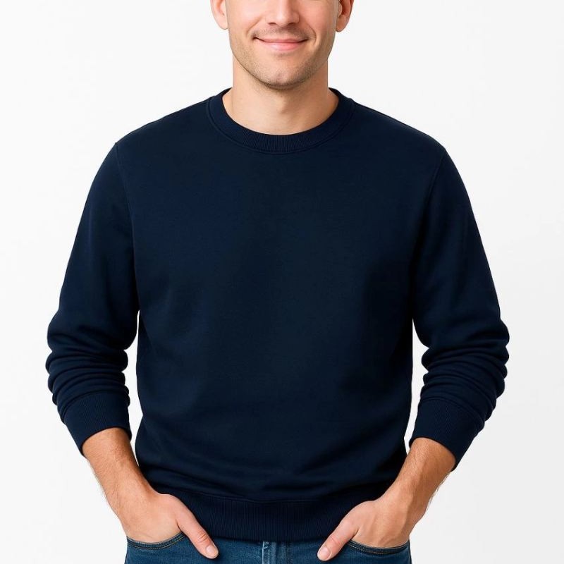 Erkek 3 İplik Pamuklu Düz Bisiklet Yaka SweatShirt - Lacivert