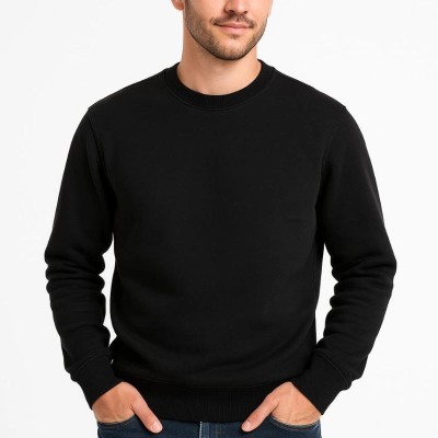 Erkek 3 İplik Pamuklu Düz Bisiklet Yaka SweatShirt - Siyah