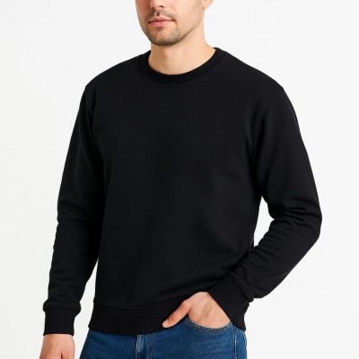 Erkek 3 İplik Pamuklu Düz Bisiklet Yaka SweatShirt - Siyah