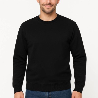 Erkek 3 İplik Pamuklu Düz Bisiklet Yaka SweatShirt - Siyah