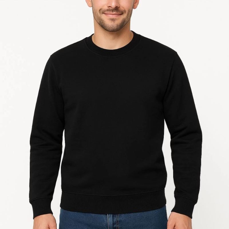 Erkek 3 İplik Pamuklu Düz Bisiklet Yaka SweatShirt - Siyah