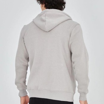 Erkek 3 İplik Pamuklu Fermuarlı Kapüşonlu Kanguru Cepli Baskılı Hoodie Hırka Sweatshirt - Boyalı Gri