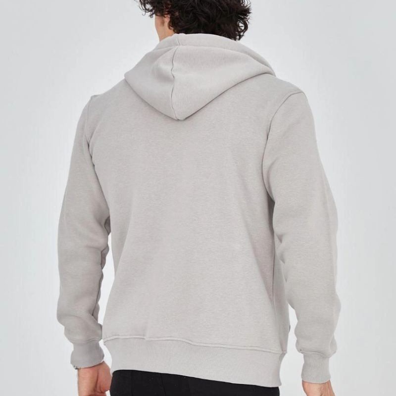 Erkek 3 İplik Pamuklu Fermuarlı Kapüşonlu Kanguru Cepli Baskılı Hoodie Hırka Sweatshirt - Boyalı Gri