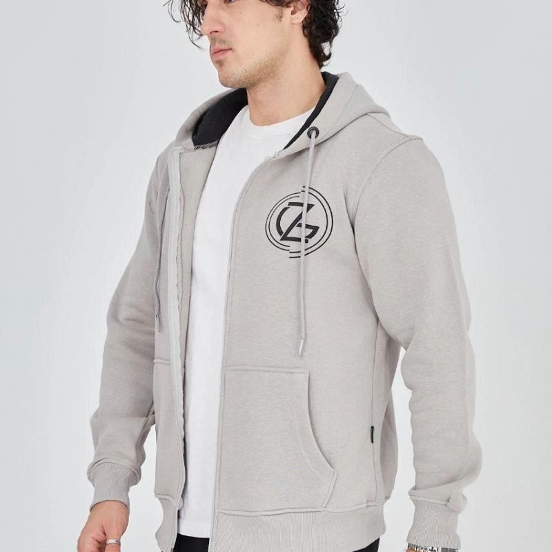 Erkek 3 İplik Pamuklu Fermuarlı Kapüşonlu Kanguru Cepli Baskılı Hoodie Hırka Sweatshirt - Boyalı Gri