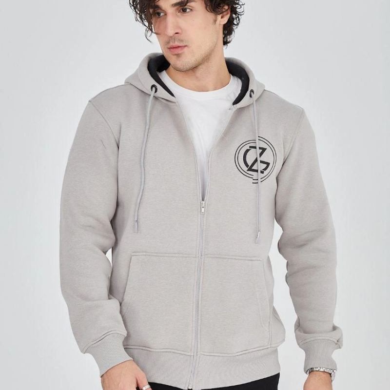 Erkek 3 İplik Pamuklu Fermuarlı Kapüşonlu Kanguru Cepli Baskılı Hoodie Hırka Sweatshirt - Boyalı Gri