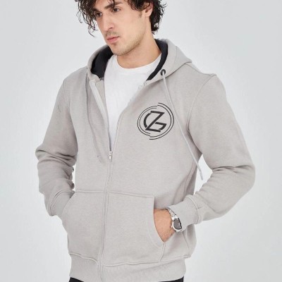 Erkek 3 İplik Pamuklu Fermuarlı Kapüşonlu Kanguru Cepli Baskılı Hoodie Hırka Sweatshirt - Boyalı Gri