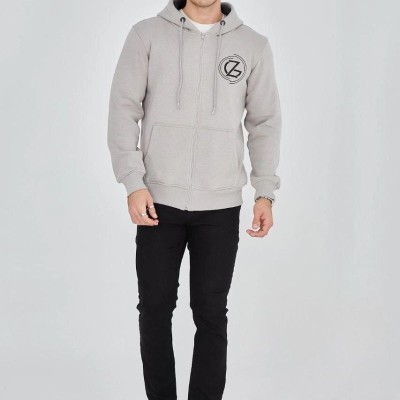 Erkek 3 İplik Pamuklu Fermuarlı Kapüşonlu Kanguru Cepli Baskılı Hoodie Hırka Sweatshirt - Boyalı Gri