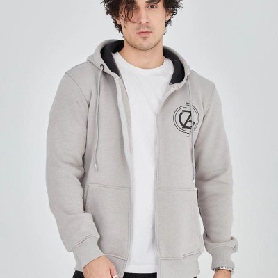 Erkek 3 İplik Pamuklu Fermuarlı Kapüşonlu Kanguru Cepli Baskılı Hoodie Hırka Sweatshirt - Boyalı Gri