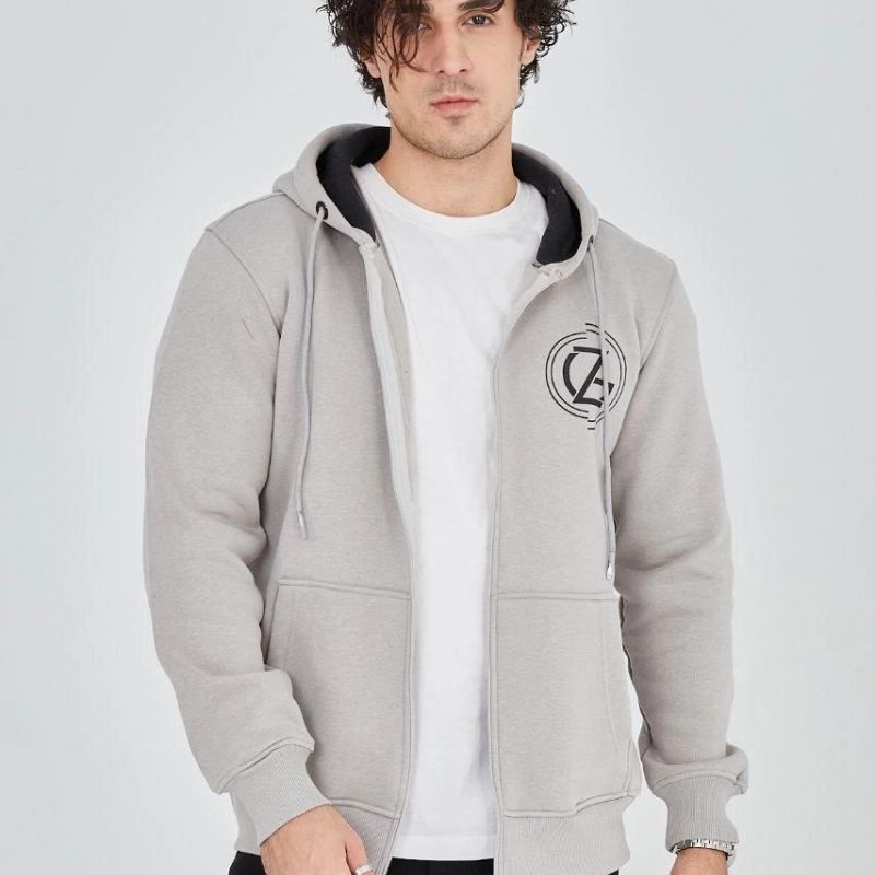 Erkek 3 İplik Pamuklu Fermuarlı Kapüşonlu Kanguru Cepli Baskılı Hoodie Hırka Sweatshirt - Boyalı Gri