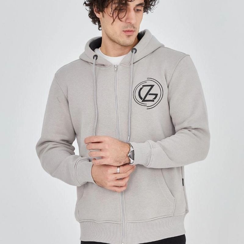 Erkek 3 İplik Pamuklu Fermuarlı Kapüşonlu Kanguru Cepli Baskılı Hoodie Hırka Sweatshirt - Boyalı Gri
