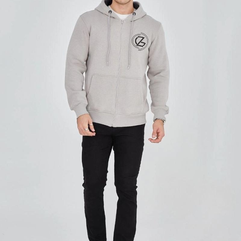 Erkek 3 İplik Pamuklu Fermuarlı Kapüşonlu Kanguru Cepli Baskılı Hoodie Hırka Sweatshirt - Boyalı Gri