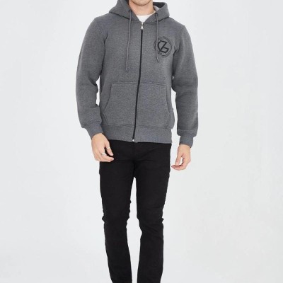 Erkek 3 İplik Pamuklu Fermuarlı Kapüşonlu Kanguru Cepli Baskılı Hoodie Hırka Sweatshirt - Füme