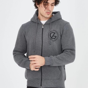 Erkek 3 İplik Pamuklu Fermuarlı Kapüşonlu Kanguru Cepli Baskılı Hoodie Hırka Sweatshirt - Füme