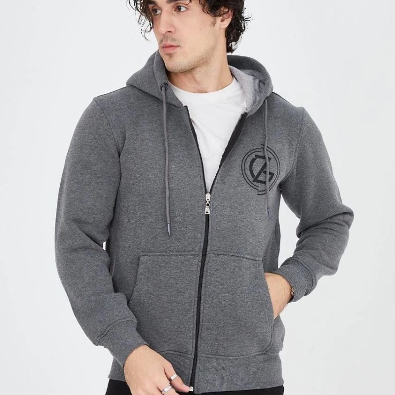 Erkek 3 İplik Pamuklu Fermuarlı Kapüşonlu Kanguru Cepli Baskılı Hoodie Hırka Sweatshirt - Füme