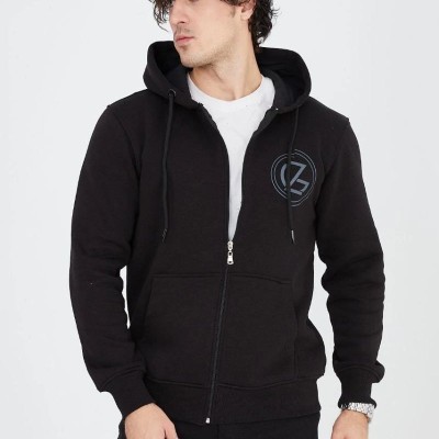 Erkek 3 İplik Pamuklu Fermuarlı Kapüşonlu Kanguru Cepli Baskılı Hoodie Hırka Sweatshirt - Siyah