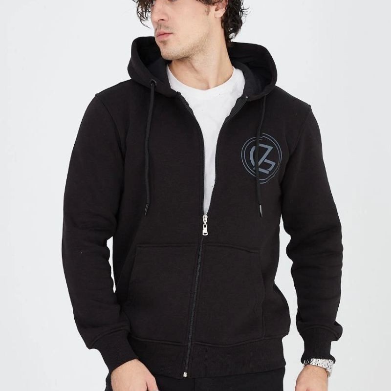 Erkek 3 İplik Pamuklu Fermuarlı Kapüşonlu Kanguru Cepli Baskılı Hoodie Hırka Sweatshirt - Siyah