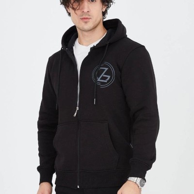 Erkek 3 İplik Pamuklu Fermuarlı Kapüşonlu Kanguru Cepli Baskılı Hoodie Hırka Sweatshirt - Siyah